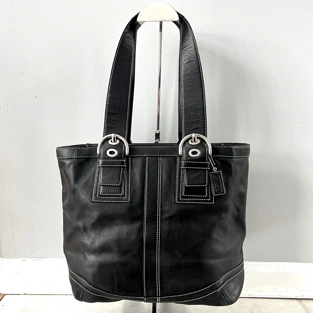 Coach Black Leather Tote with White Stitching